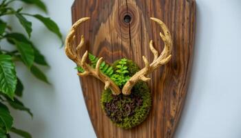 close up view of a mounted staghorn fern with antler like fronds extending out from a mossy base against a wooden panel photo