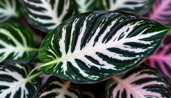 close up view of alocasia with dramatic arrow shaped leaves veined in white set against dark glossy backgrounds photo