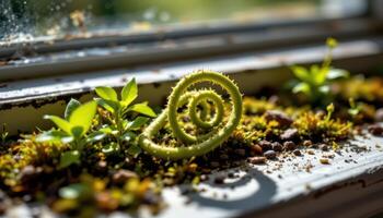 close up view of tightly curled fern frond slowly unfurling among moss and shadows on a shaded windowsill photo