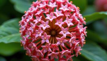 close up view of hoya carnosa flower cluster with waxy pink stars forming a perfect sphere suspended midair photo