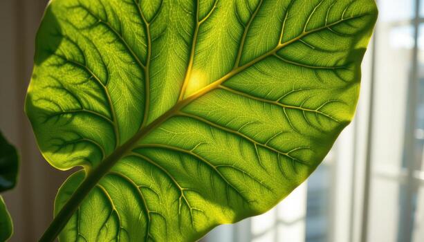 close up view of a large fiddle leaf fig leaf showing dramatic vein patterns and lush green color, backlit by morning sunlight streaming through sheer curtains photo