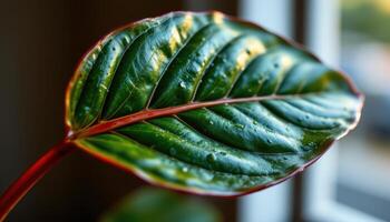 close up view of a glossy rubber tree leaf reflecting ambient window light with subtle reddish undertones along the stem and edges photo