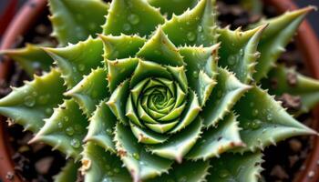 close up view of a spiral aloe forming a mesmerizing geometric pattern with toothed green leaves coiling perfectly from the center photo