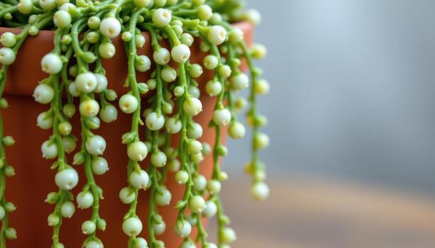 close up view of string of pearls plant with bead like succulent leaves hanging in cascading lines from a terracotta pot photo
