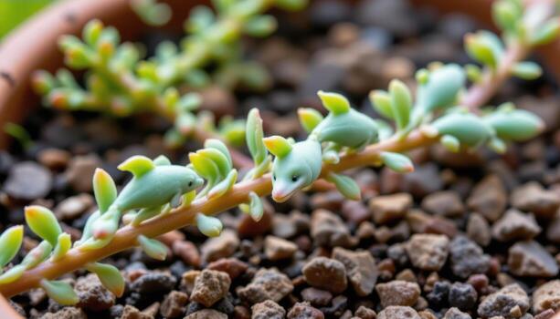 close up view of string of dolphins succulent with unique leaf shapes resembling tiny leaping dolphins along thin stems photo