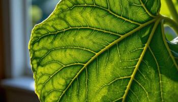 close up view of a deeply veined fiddle leaf fig leaf with rich green color backlit by warm natural window light photo