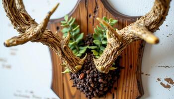 close up view of staghorn fern with soft, forked fronds mimicking deer antlers mounted on a wooden plaque photo