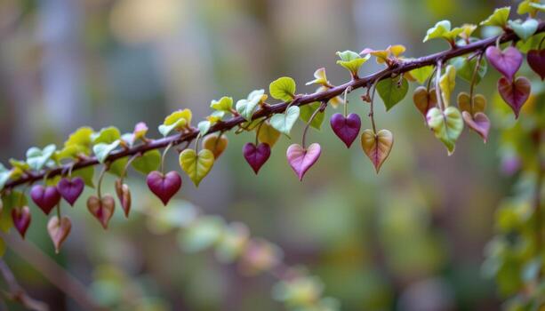 close up view of trailing string of hearts with tiny heart shaped leaves in dusty green and purple tones on long cascading vines photo