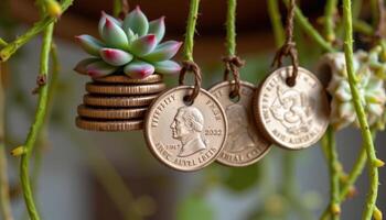 close up view of string of nickels with flat round succulent leaves stacked and hanging from long looping vines photo