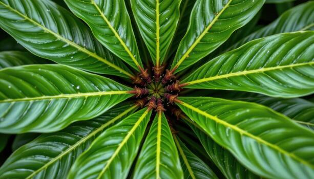 close up view of schefflera arboricola with glossy green leaflets arranged like spokes in a radial umbrella shape photo