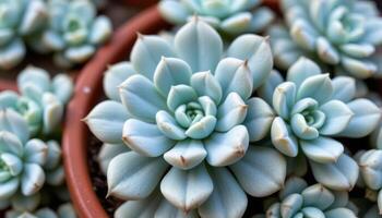 close up view of a pachyphytum succulent with pale blue jellybean shaped leaves forming tight clumps photo
