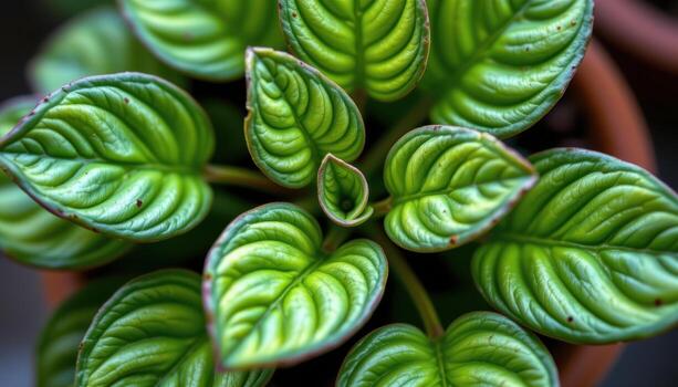 close up view of peperomia caperata with textured, deeply rippled green leaves clustered in compact form photo