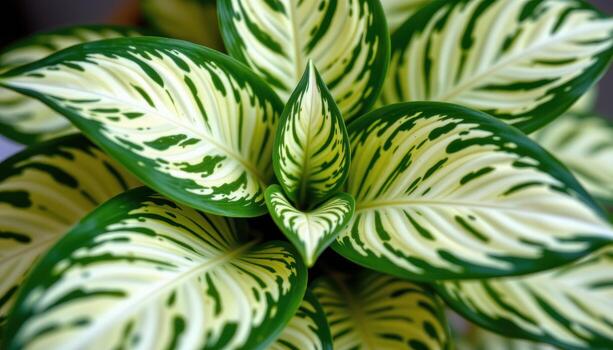 close up view of a green compact dieffenbachia with broad leaves patterned in speckled cream and lime photo
