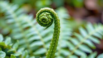 close up view of a lush fern unfurling a new frond with tightly coiled fiddleheads in early growth photo