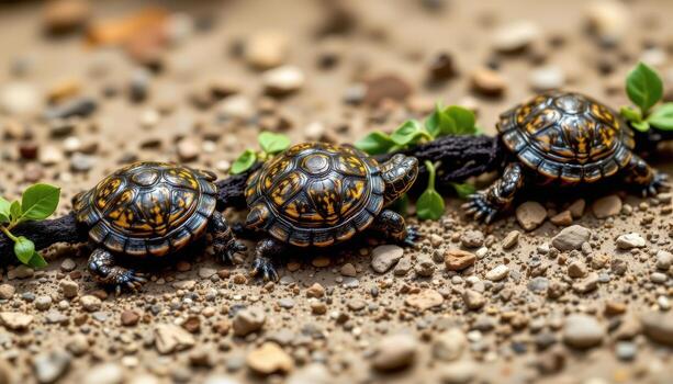 close up view of a string of turtles with miniature round patterned leaves forming a thick trailing chain photo
