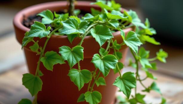 close up view of a cascading ivy plant with sharply lobed green leaves trailing gently over the pot's edge photo