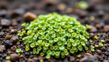 close up view of a clump of baby tears plant with miniature, round green leaves forming a soft carpet over moist soil photo