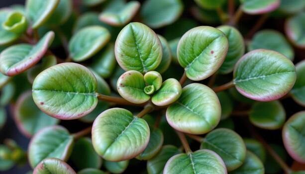 close up view of a jade plant with plump oval leaves arranged symmetrically along thick stems with red tinged edges photo