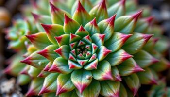 close up view of a sempervivum cluster with pointed leaves and red tinged tips forming tight, alpine rosettes photo
