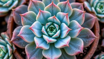 close up view of a symmetrical echeveria succulent rosette with powdery blue green leaves tipped with soft pink hues photo
