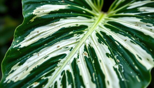 close up view of a variegated monstera leaf with large white patches and natural splits forming a dramatic pattern photo