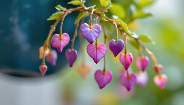 close up view of a string of hearts plant with delicate heart shaped leaves in silver and purple hanging from thin stems photo