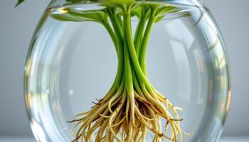 close up view of a golden pothos plant in water with white roots dangling beneath green cuttings growing upward photo