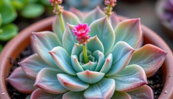 close up view of a blooming echeveria with small pink flowers emerging on tall stalks above rosette foliage photo