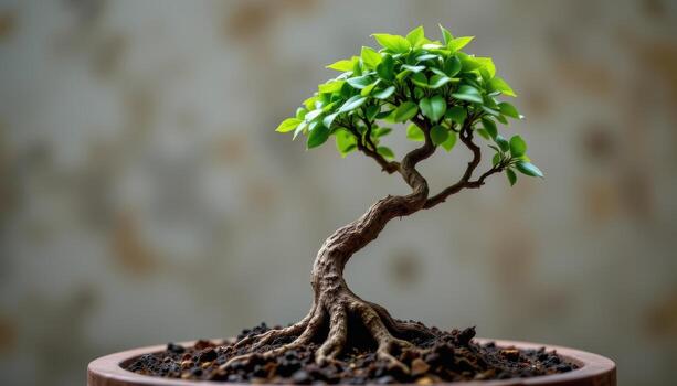 close up view of a twisted ficus ginseng trunk with dense leafy crown forming a miniature tree silhouette photo