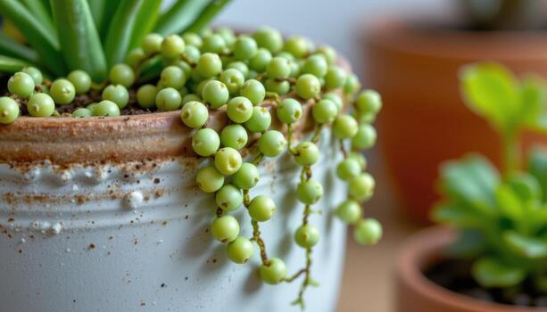 close up view of a soft trailing string of pearls succulent with round green beads spilling over the edge of a planter photo