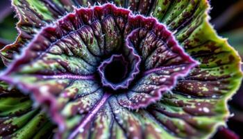 close up view of a rex begonia leaf spiraling inward in shades of deep purple, green, and silver with a fuzzy texture photo