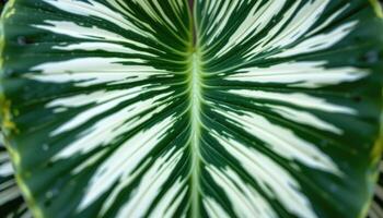 close up view of a richly striped calathea leaf displaying dramatic green and white vein patterns in perfect symmetry photo
