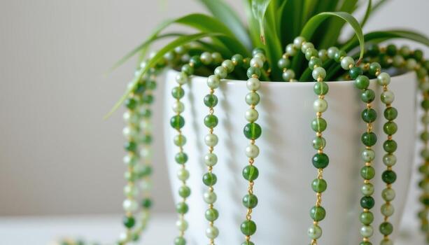 close up view of cascading string of pearls with perfectly round green beads trailing from the edge of a minimalist white planter photo
