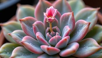 close up view of a pink flowering echeveria blossom reaching above a rosette of waxy gray leaves photo