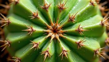 close up view of a mature cactus pad with symmetrical patterns of spines protruding from a vibrant green surface photo