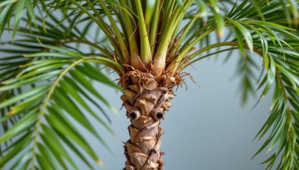 close up view of a ponytail palm base with bulbous trunk and cascading narrow leaves arcing gently downward photo