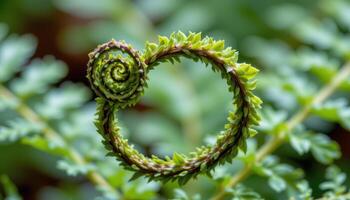 close up view of a lush fern frond unfurling from a tight coil with delicate new leaflets emerging photo