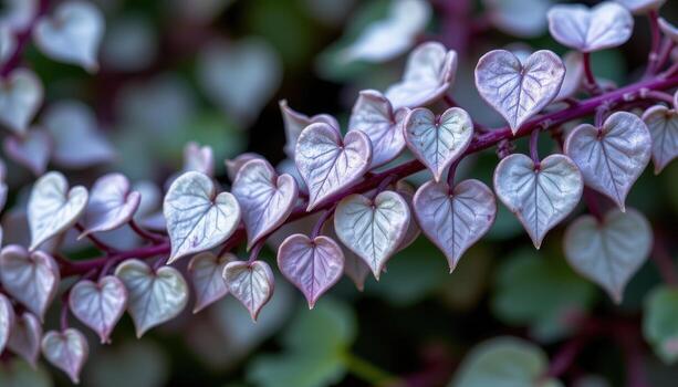 close up view of a dense cluster of string of hearts with delicate silver patterned leaves on purple stems photo