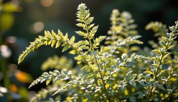 close up view of a silver lace fern with delicate, lacy foliage shimmering in filtered morning light photo