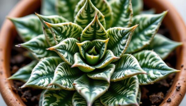 close up view of a zebra striped haworthia with thick, spiky leaves forming a tight rosette pattern in a ceramic pot photo
