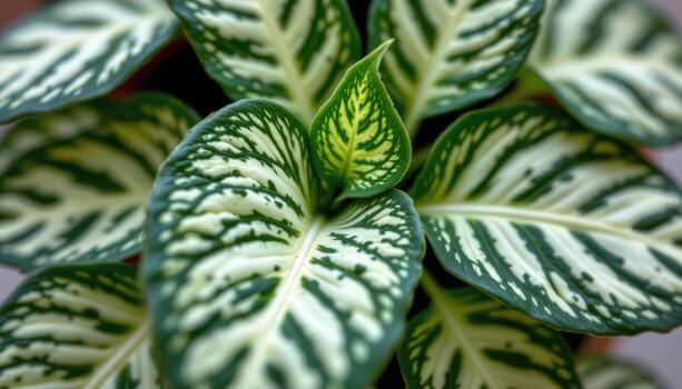 close up view of a delicate fittonia plant with white vein patterns forming a web across dark green foliage photo