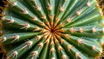 close up view of a thick cactus pad with raised areoles and evenly spaced spines forming radial rows photo