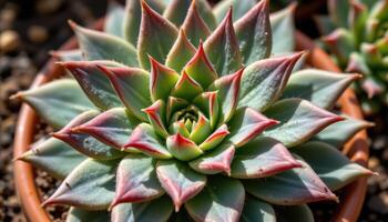close up view of a perfectly symmetrical sempervivum with pointed tips and red highlights under sunlight photo