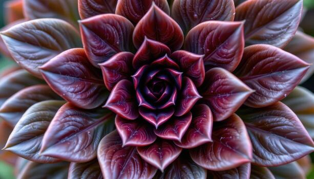 close up view of an aeonium arboreum rosette with glossy dark purple leaves arranged symmetrically in concentric circles photo