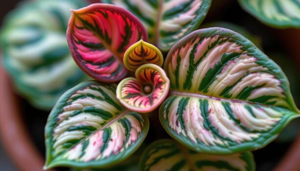 close up view of a watermelon peperomia with striped round leaves mimicking the look of a watermelon rind photo