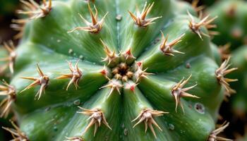 close up view of a mature cactus pad with distinct spines arranged symmetrically on its green surface photo