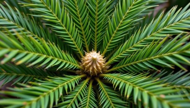 close up view of mini sago palm with stiff feather like fronds growing symmetrically from thick center photo