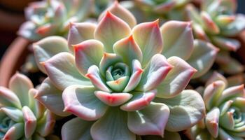 close up view of echeveria runyonii with pastel rosette leaves tipped in pink under bright filtered sun photo
