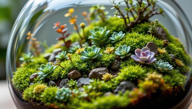 close up view of a dense terrarium filled with moss, ferns, and small succulents forming a layered micro landscape photo