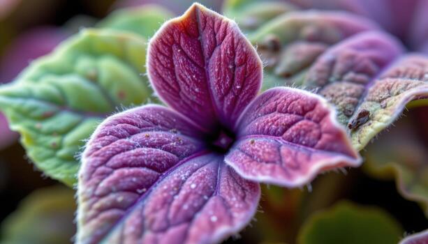 close up view of a fuzzy purple oxalis leaf folded inward with triangular symmetry and velvety texture photo
